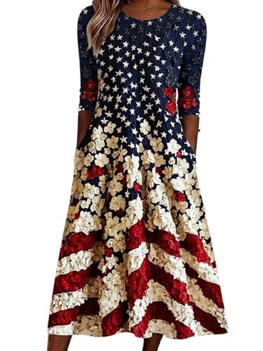 Women's Star Print Pleated Midi Dress Short Sleeve Crew Neck Slim Fit