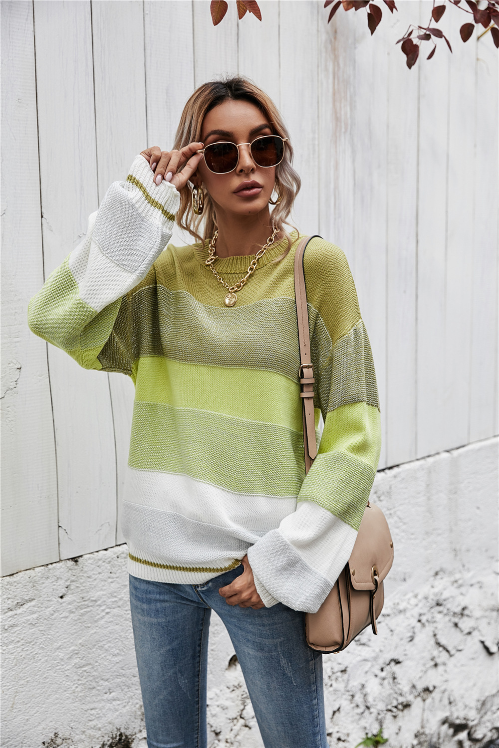 Striped Color-Block Crewneck Loose Knit Sweater