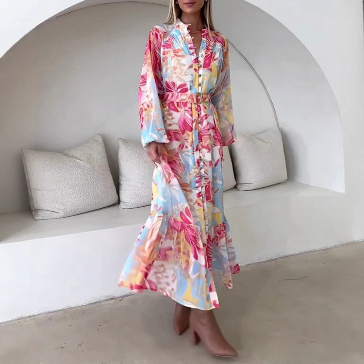 Elegant Floral Lantern Sleeve Midi Dress