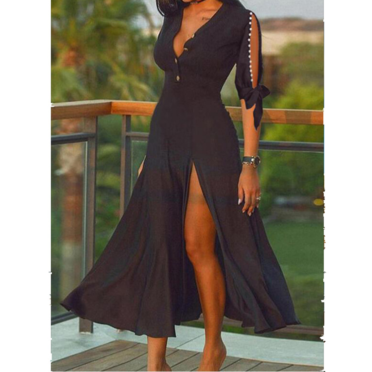 Pearl Half-Sleeve V-Neck Slit Maxi Dress