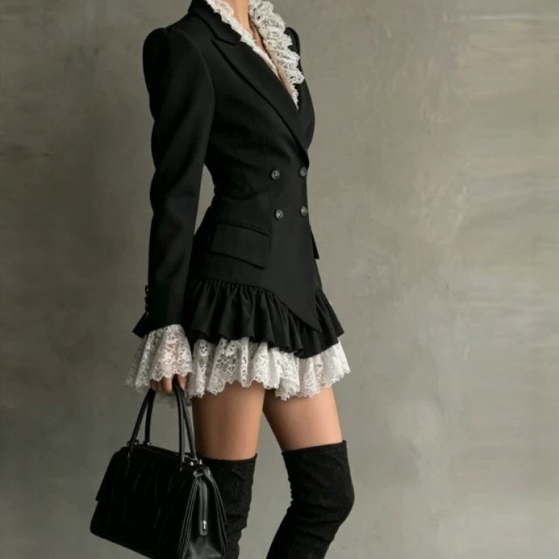Women's Color-Block Long-Sleeve A-Line Dress with Suit Collar