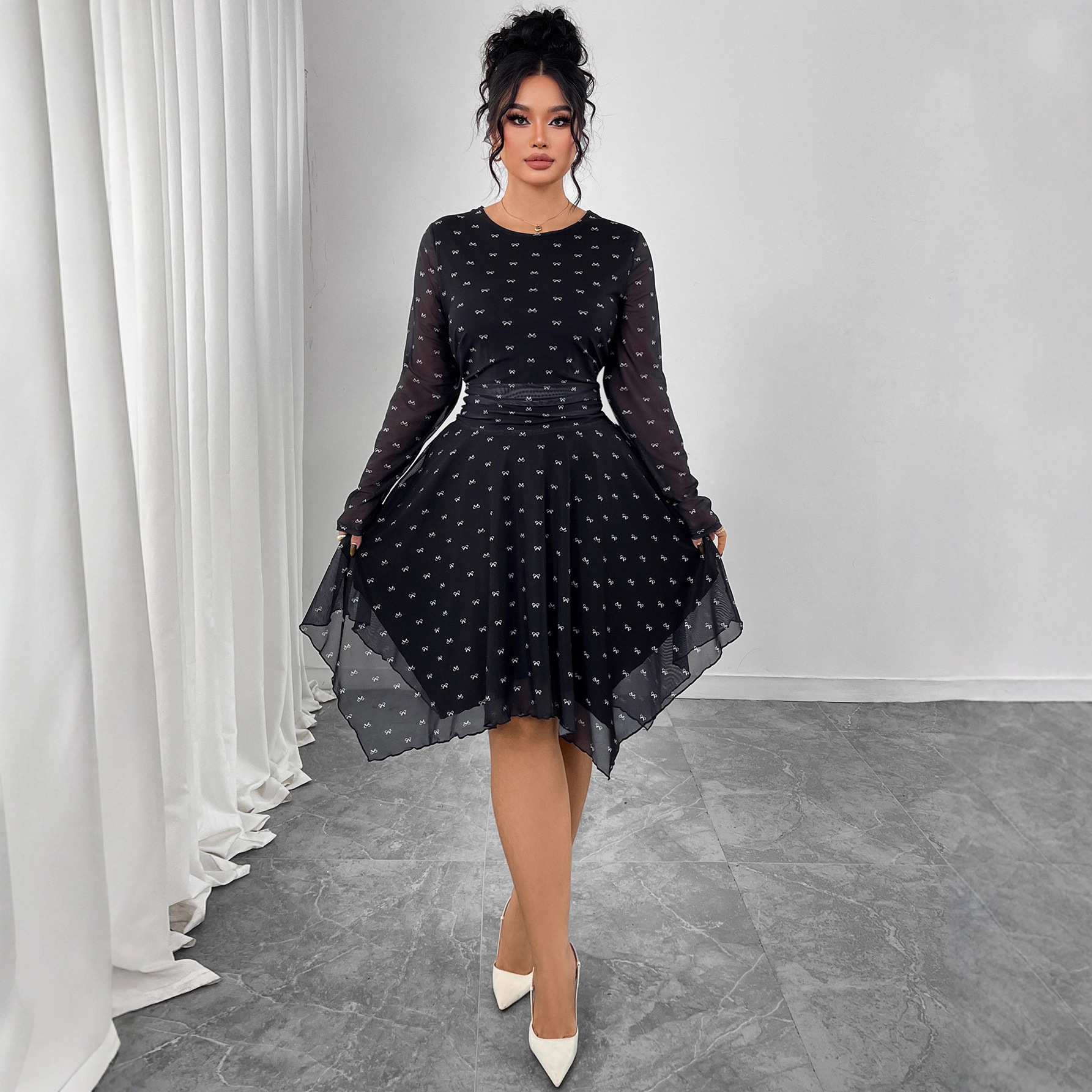 Bow Print A-Line Little Black Dress Hepburn Style Chiffon Midi