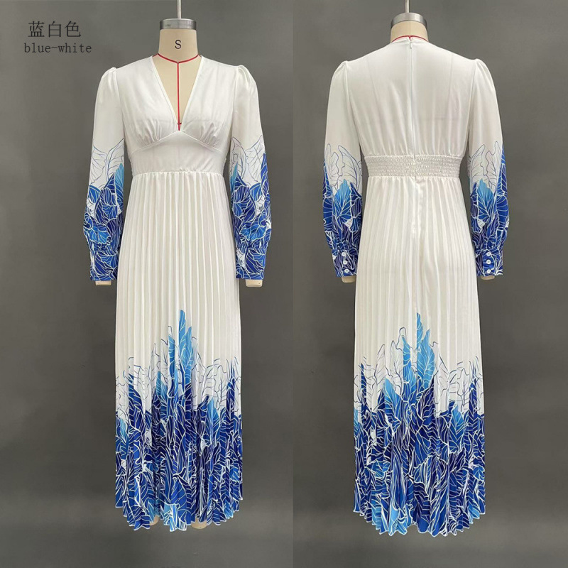 V-Neck Ruched Print Long A-Line Dress