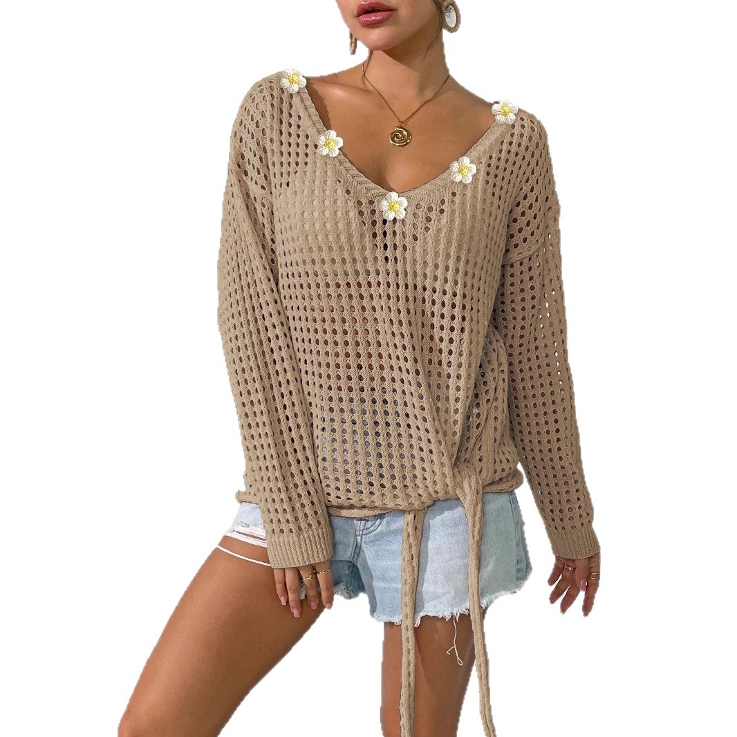 Women's V-Neck Pullover Crochet Lace-Up Bow Hollow Out Sweater