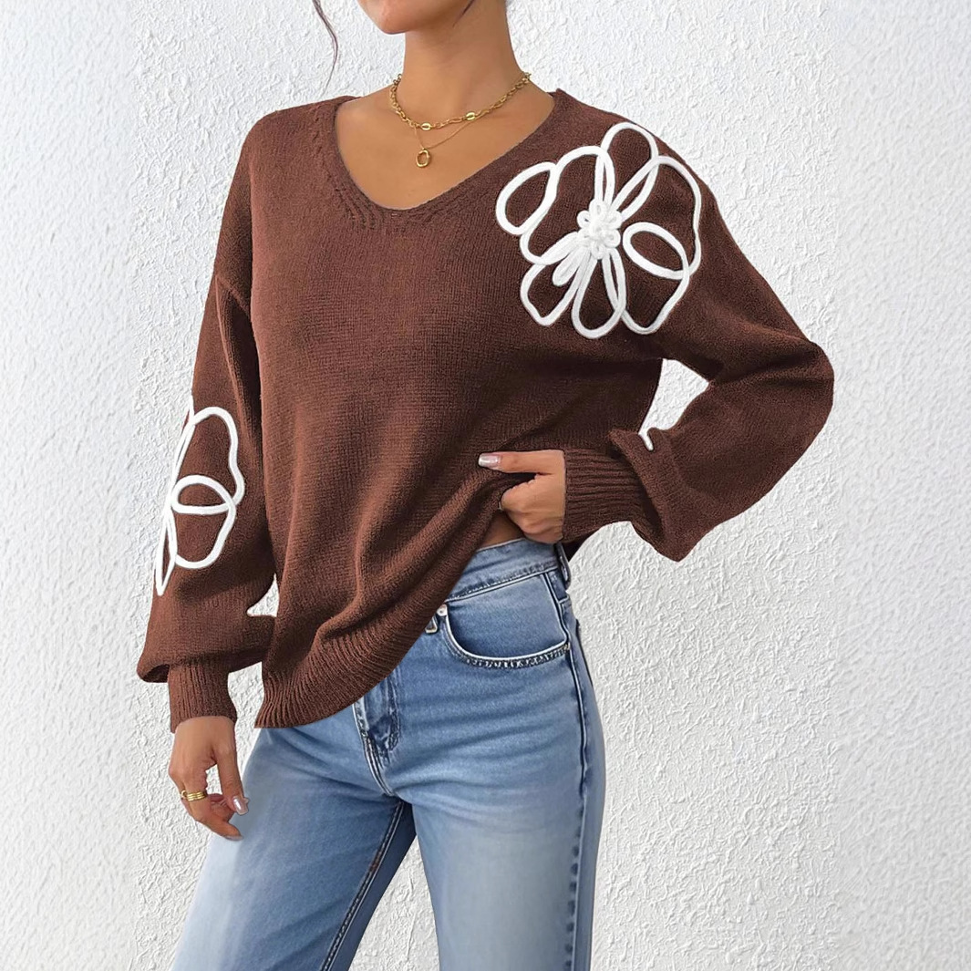 Floral Ribbon Embroidered V-Neck Pullover Sweater