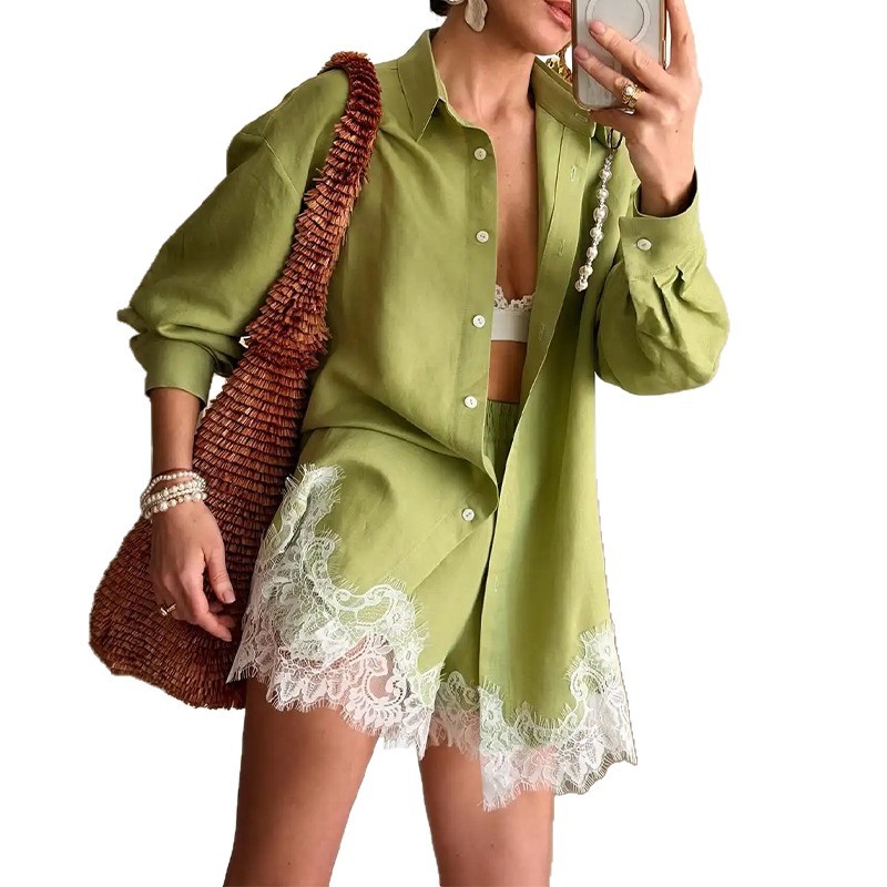 Women's Casual Solid Lace Spliced Shorts Set Long Sleeve Cardigan Two-Piece