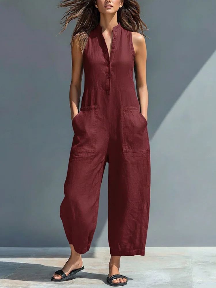 Women's Linen-Blend Button-Front Sleeveless Wide-Leg Jumpsuit