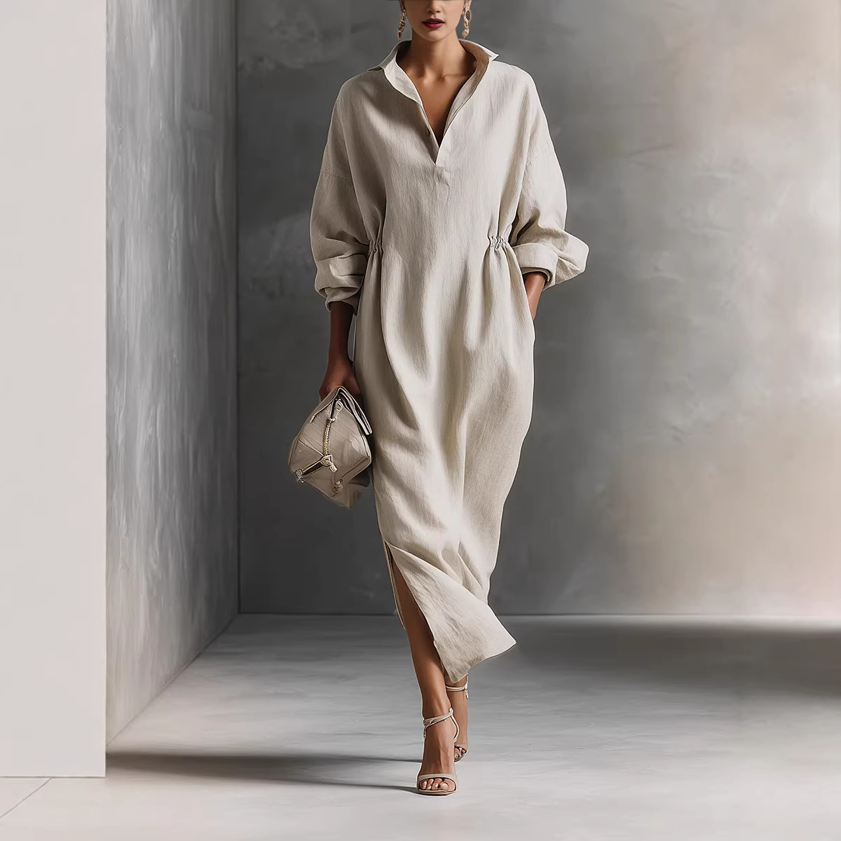 Women's French Casual Long Sleeve Collared Split Long Dress