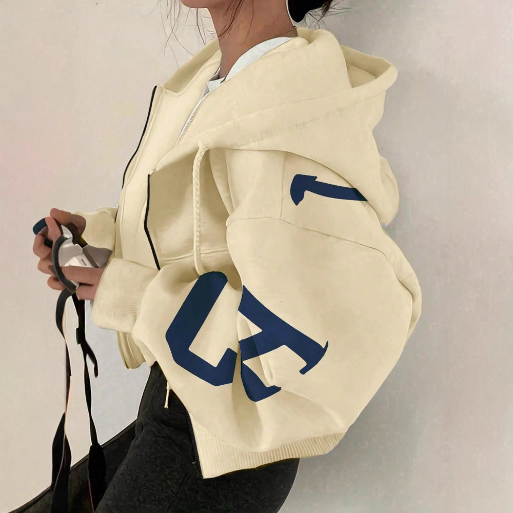 Women's Casual Letter Print Loose Hooded Zip-Up Sweatshirt