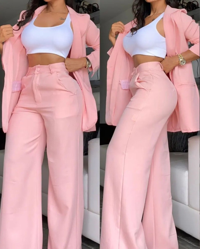 Women's Elegant Solid Color Split-Sleeve Lapel Blazer and Straight Pants Set