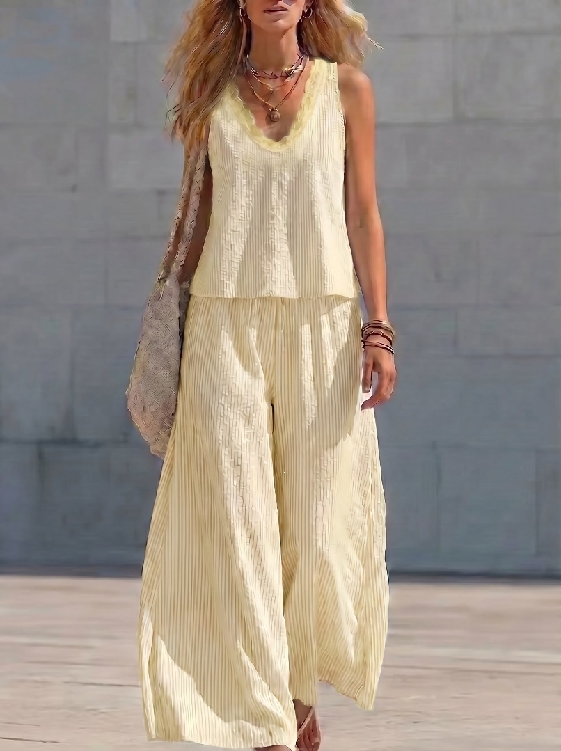 Lace V-Neck Pleated Striped Two-Piece Set with Wide-Leg Pants