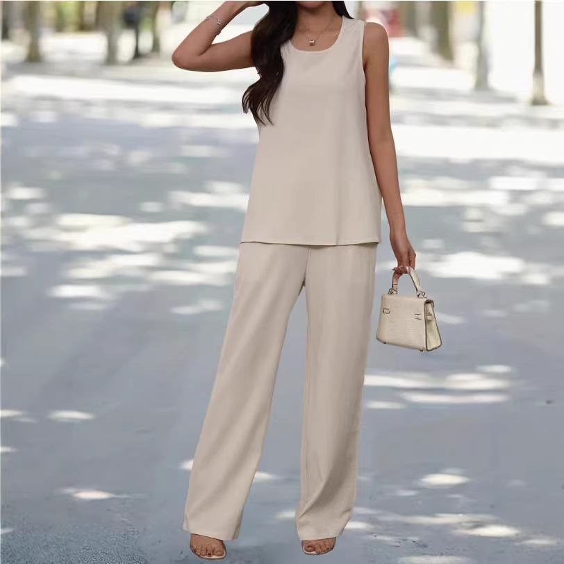 Women's Solid Sleeveless Top and High-Waist Long Pants Two-Piece Set