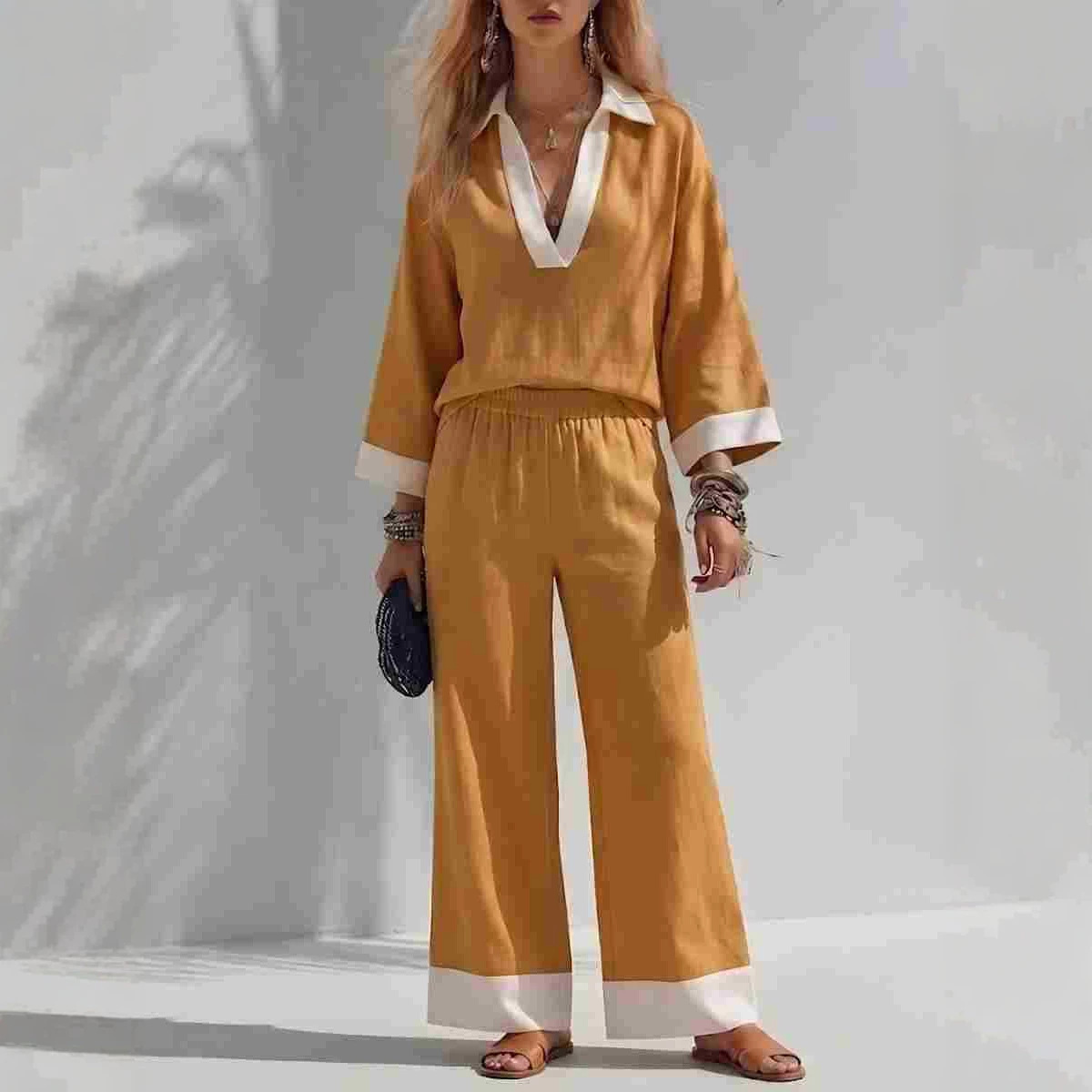 Women's V-Neck Long-Sleeve Top and Wide-Leg Pants Set