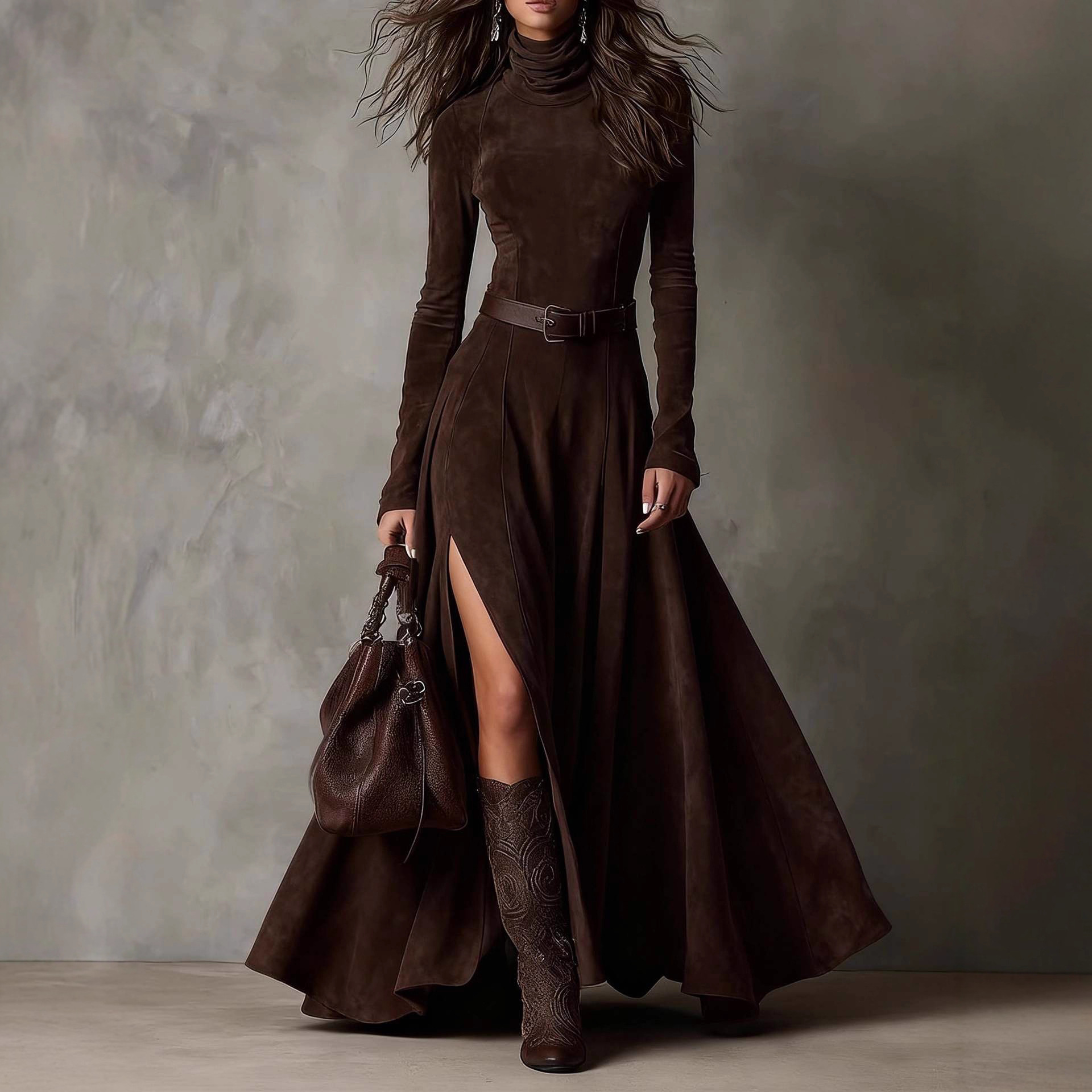 Women's Faux Suede Long Mermaid Dress with Belt