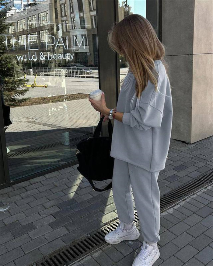 Women's Casual Solid Color Long Sleeve Top and Elastic Waist Pants Two-Piece Set