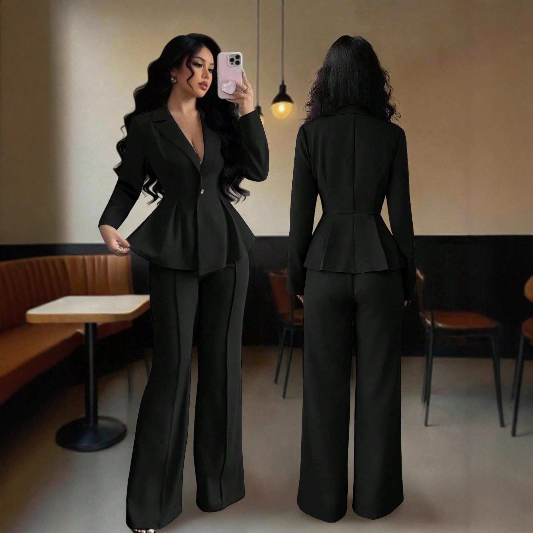 Women's Elegant Flared Pants Suit Set with Cinched Waist