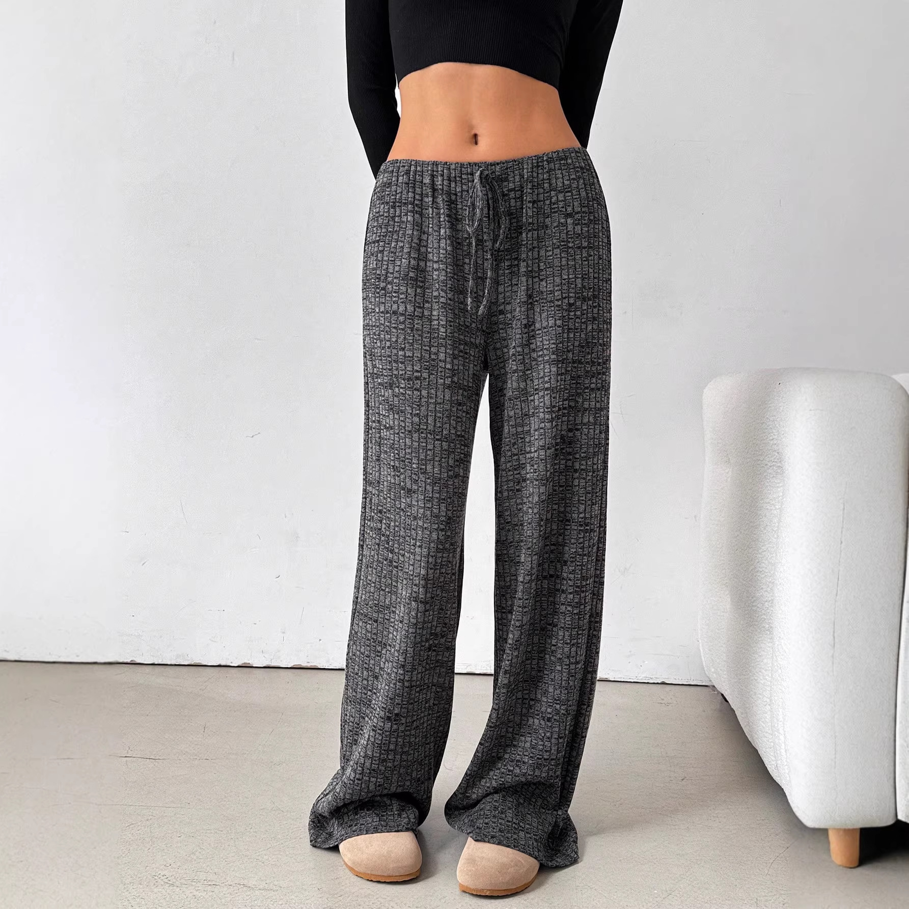 Women's Casual Striped Solid Drawstring Cotton Straight-Leg Pants