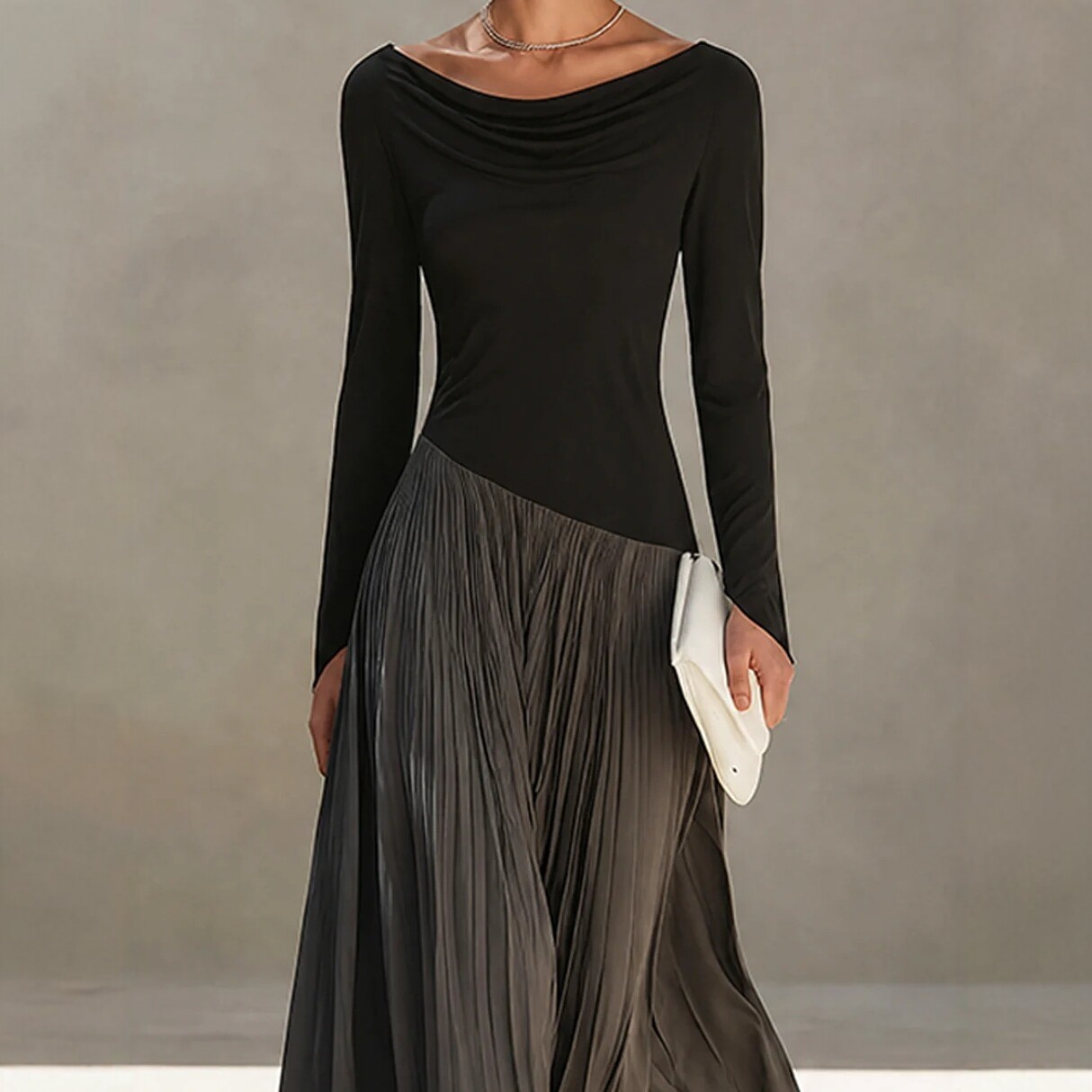 Draped Neck Long Sleeve Colorblock Maxi Dress with Pleated Panel Flowing Skirt