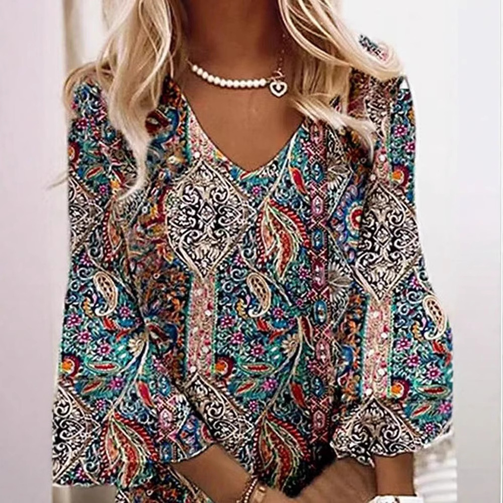 V-Neck Double Flared Sleeve Printed Midi Dress