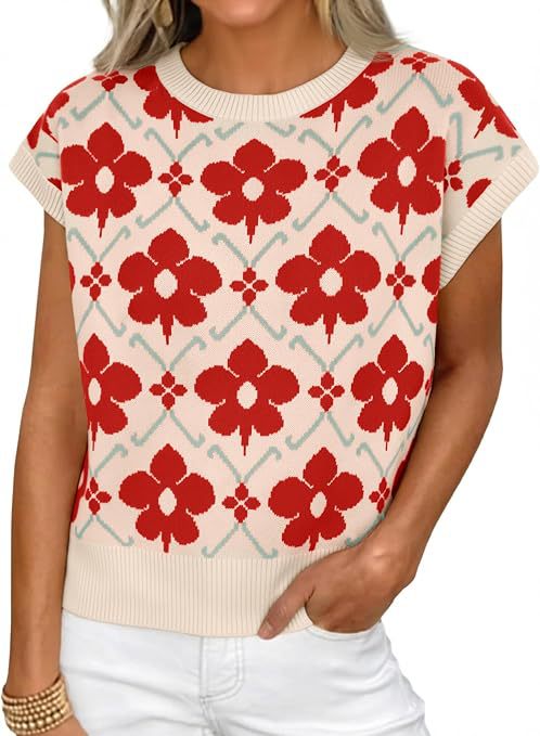 Women's Floral Knit Short Sleeve Sweater Vintage Crew Neck Loose Summer Pullover