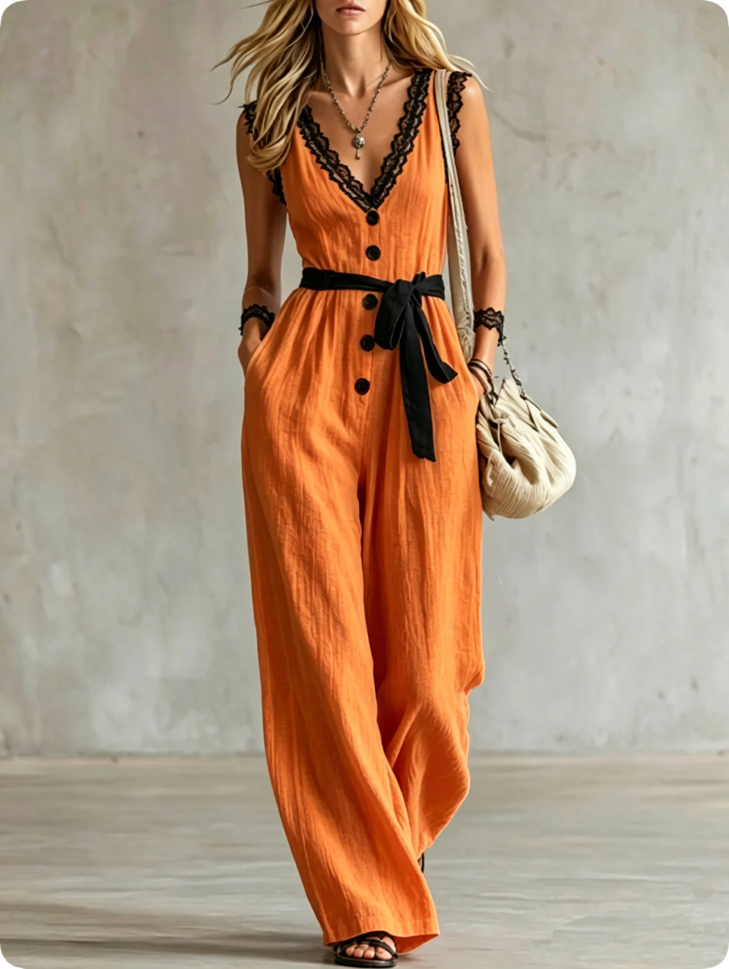 High-Waist Straight-Leg Wide-Leg Jumpsuit with Drape, Slimming, Faux Cotton-Linen