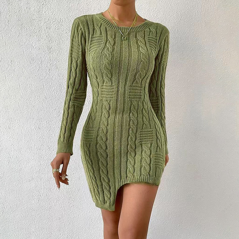 Crewneck Knit Sweater Dress Slim Bodycon Midi Pullover
