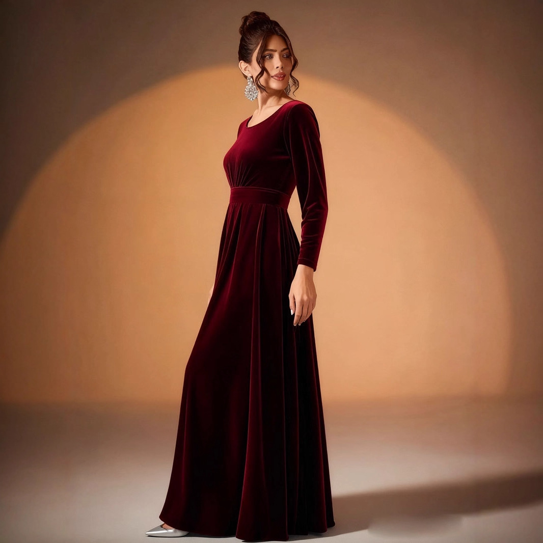 Women's Plus Size Velvet Long Sleeve Ruched A-Line Midi Evening Dress