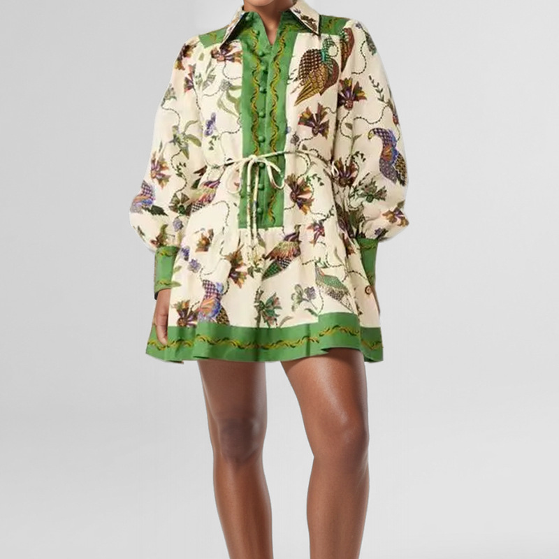 Women's Long Sleeve Shirt and Pleated Skirt Printed Two-Piece Set