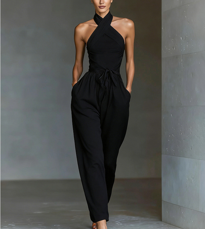 Women's Linen Sleeveless Halter Cross-Tie Wide-Leg Jumpsuit