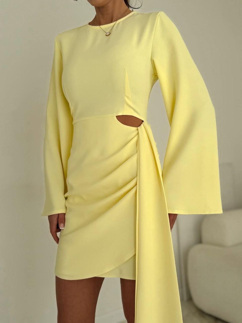 Solid Color Long Sleeve Tie-Waist Bodycon Mini Dress