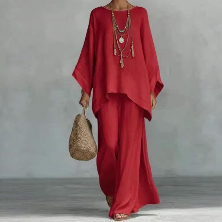 Women's Loose Linen-Blend Solid Shirt & Wide-Leg Pants Casual Set