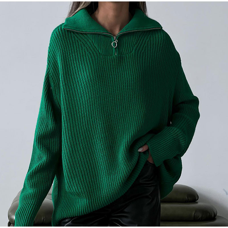 Women's Zip-Up Knit Pullover Sweater Loose Casual Long Sleeve