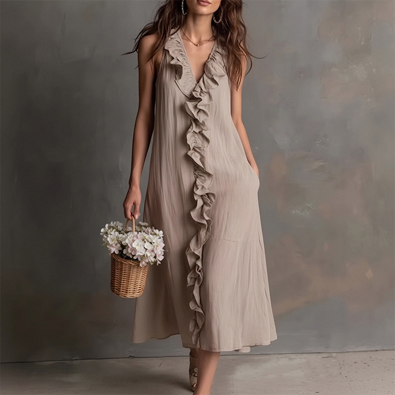 Women's Summer Sleeveless V-Neck Lace Trim Solid Color Loose Casual Dress