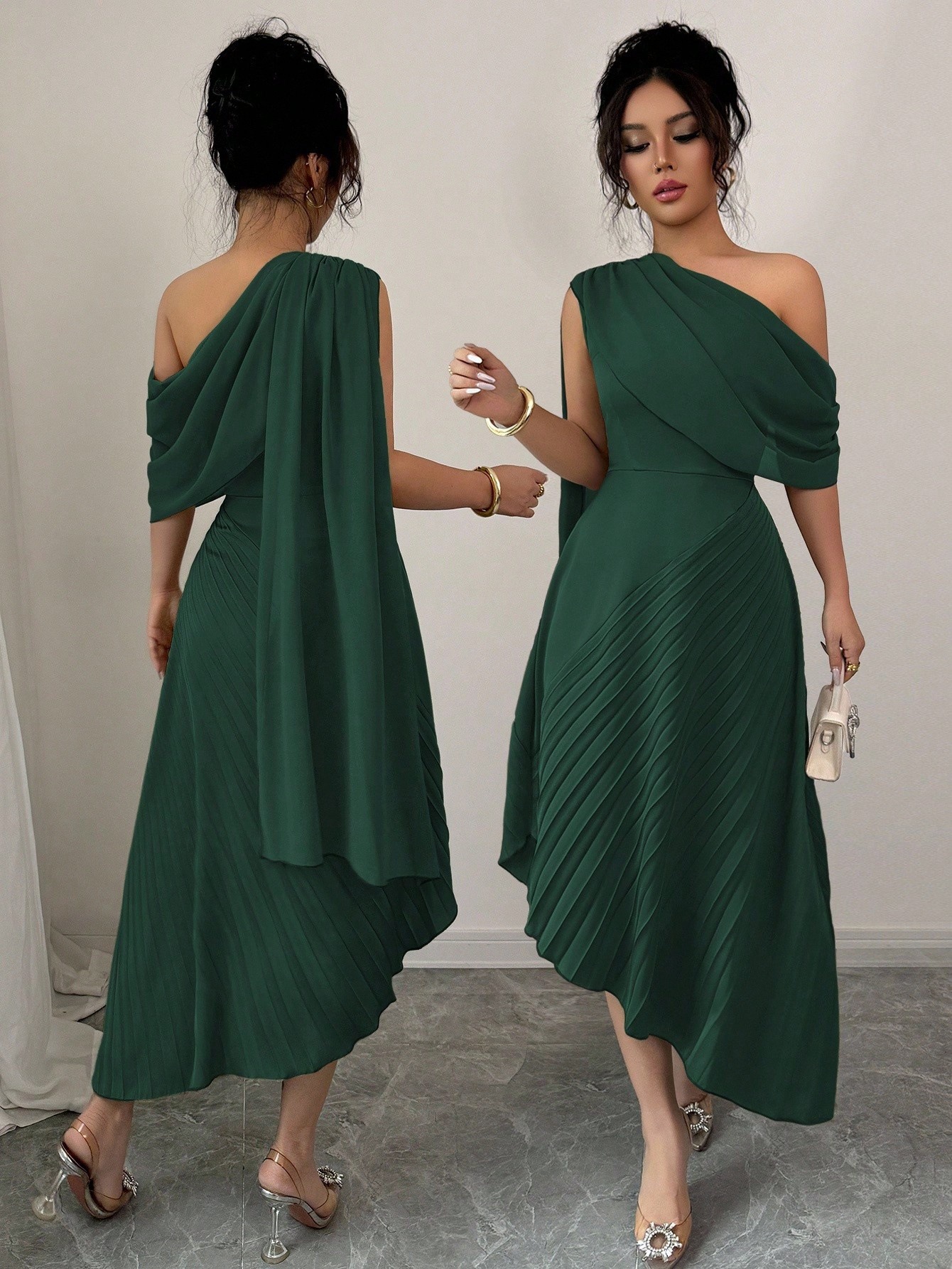 Women's One-Shoulder Ribbon Pleated Midi Dress Elegant Party Gown