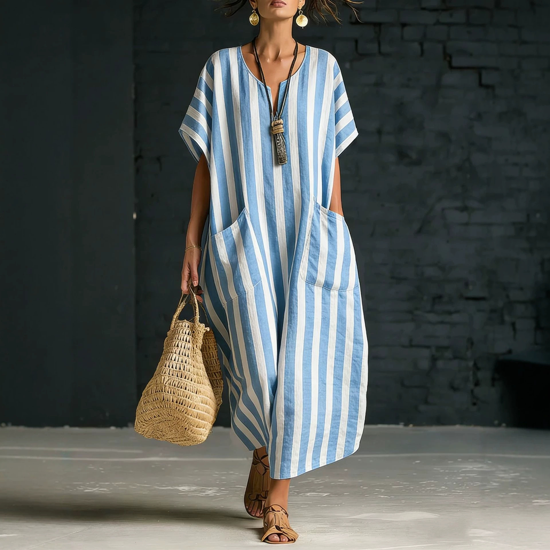 Women's Loose V-Neck Striped Print Dress with Pockets