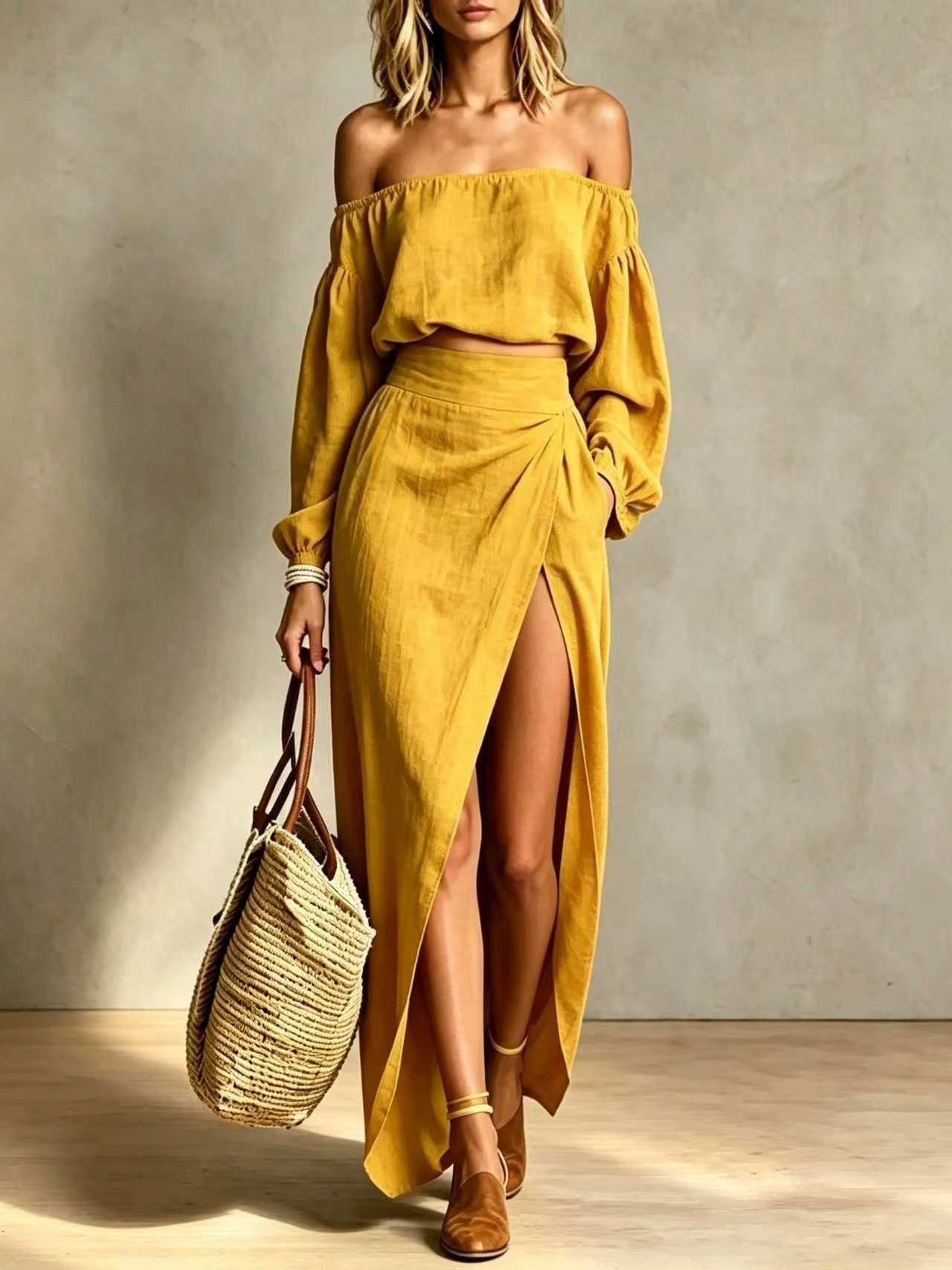 Women's Solid Color Bandeau Casual Two-Piece Set with Slit