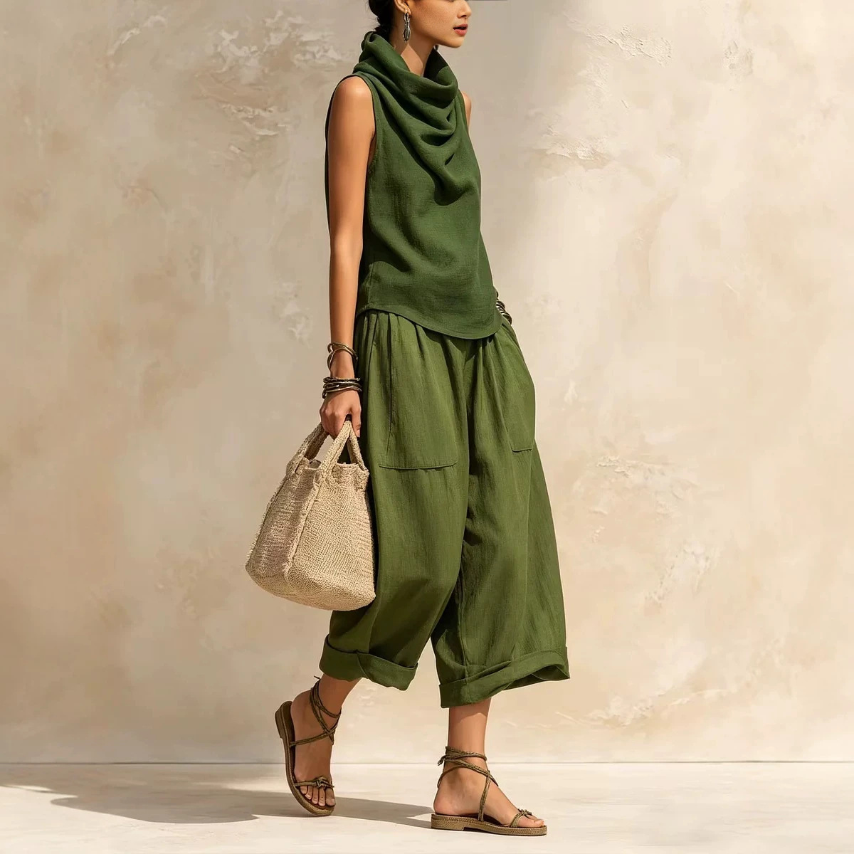 Women's Cowl Neck Sleeveless Top & Wide-Leg Pants Set Linen-Blend Casual