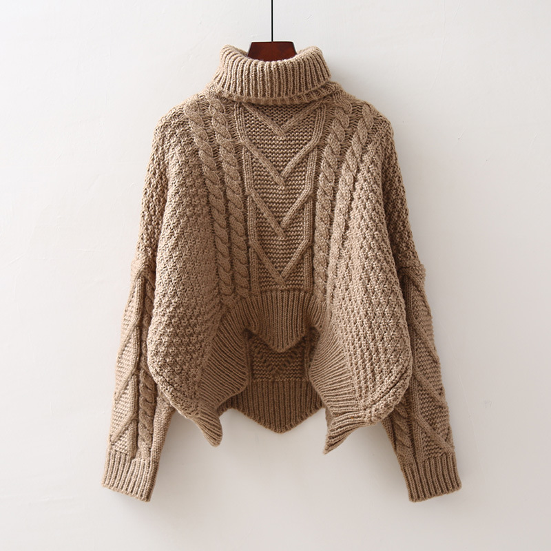 Women's Retro Cable Knit Turtleneck Sweater Loose High Waist Chunky Pullover
