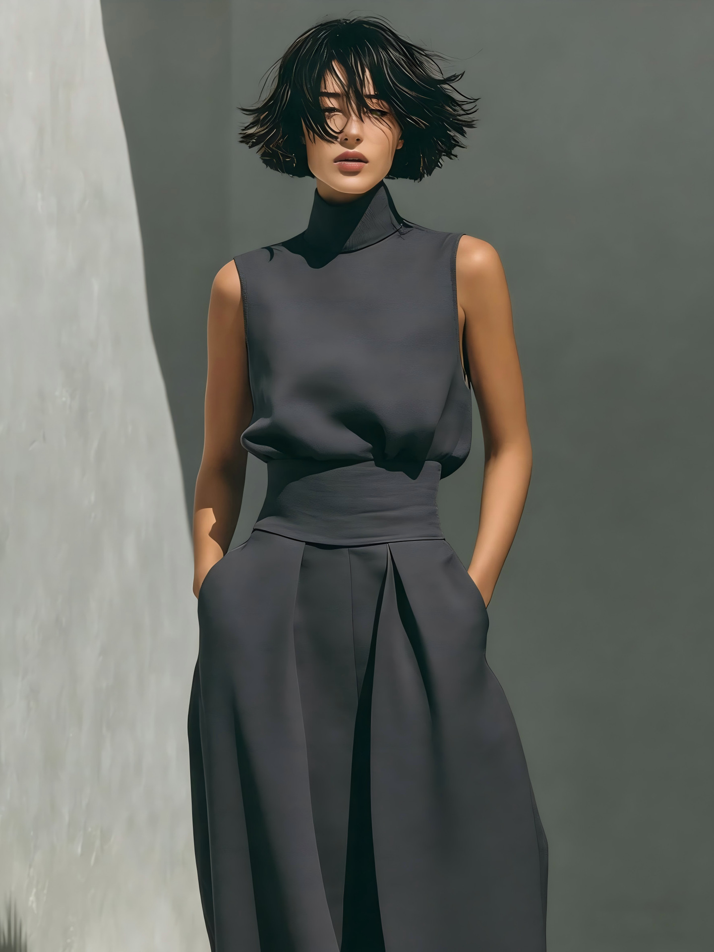Women's Sleeveless Cotton-Blend Top & Wide-Leg Pants Set