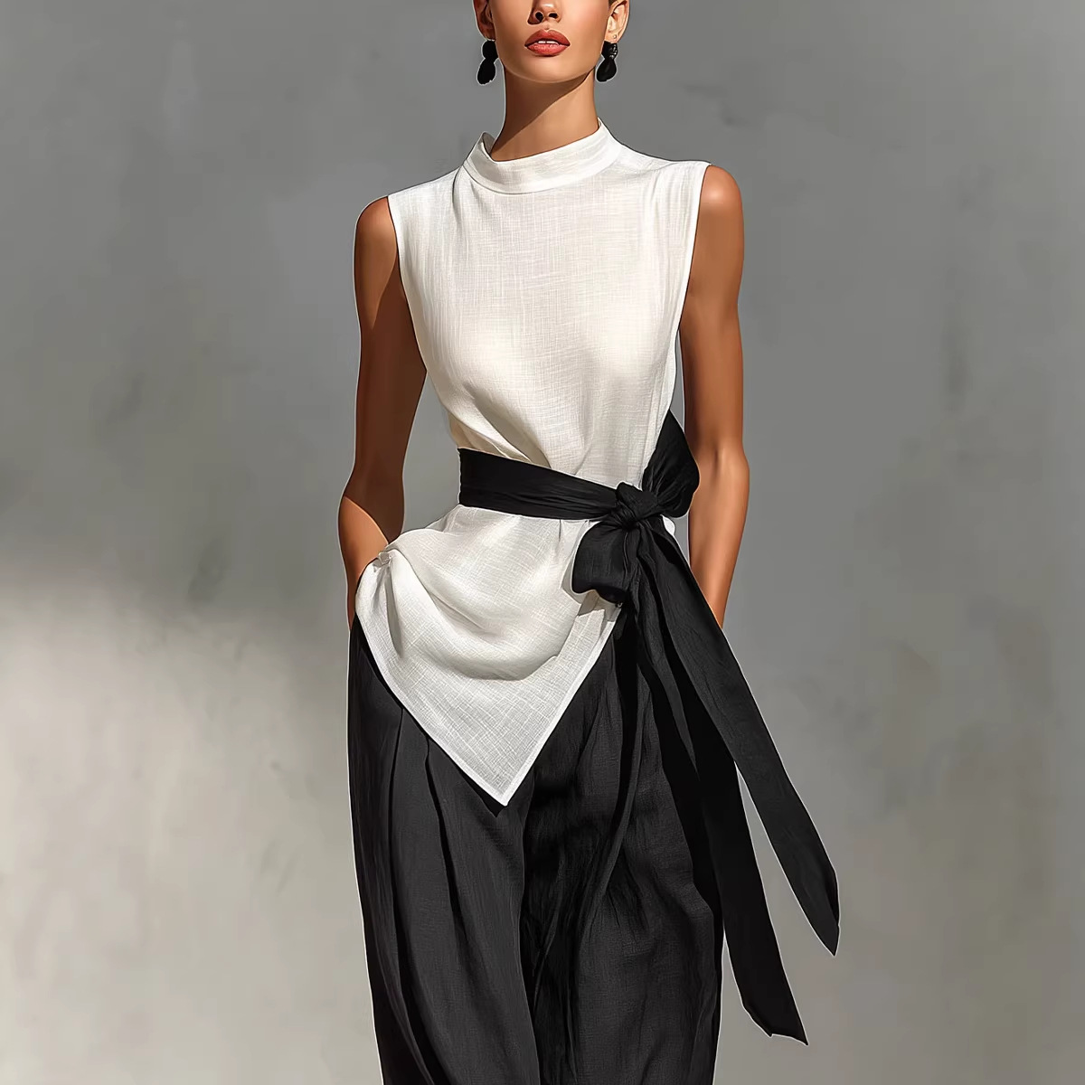 Women's Sleeveless Lace-Up Top and Wide-Leg Pants Two-Piece Set