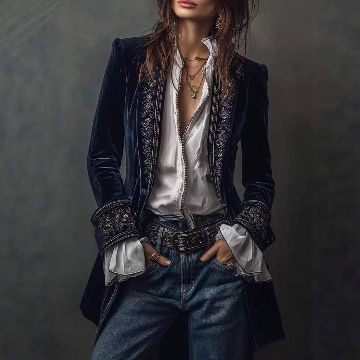 Women's Long Sleeve Velvet Lace-Trim Colorblock Jacket