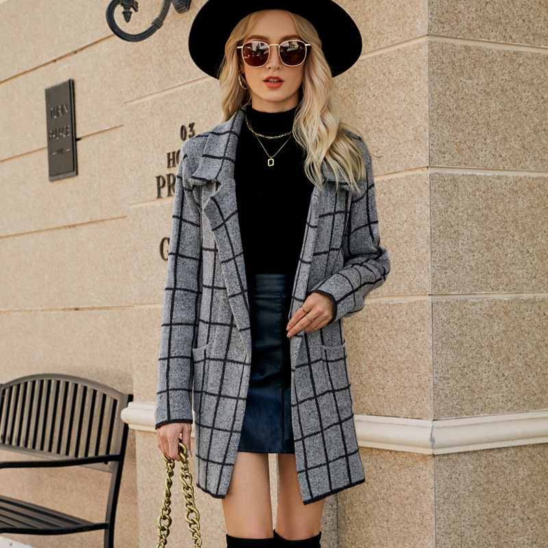 Houndstooth Colorblock Knit Long Cardigan with Suit Collar