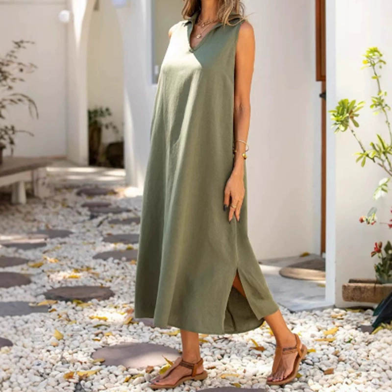V-Neck Sleeveless A-Line Midi Dress