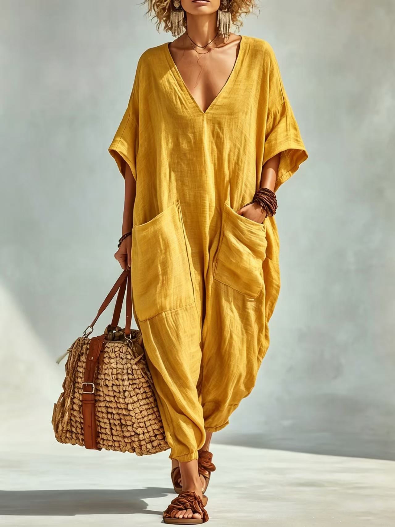 Women's Loose V-Neck Linen-Blend Jumpsuit with Pockets, Lantern Pants, Beach Vacation