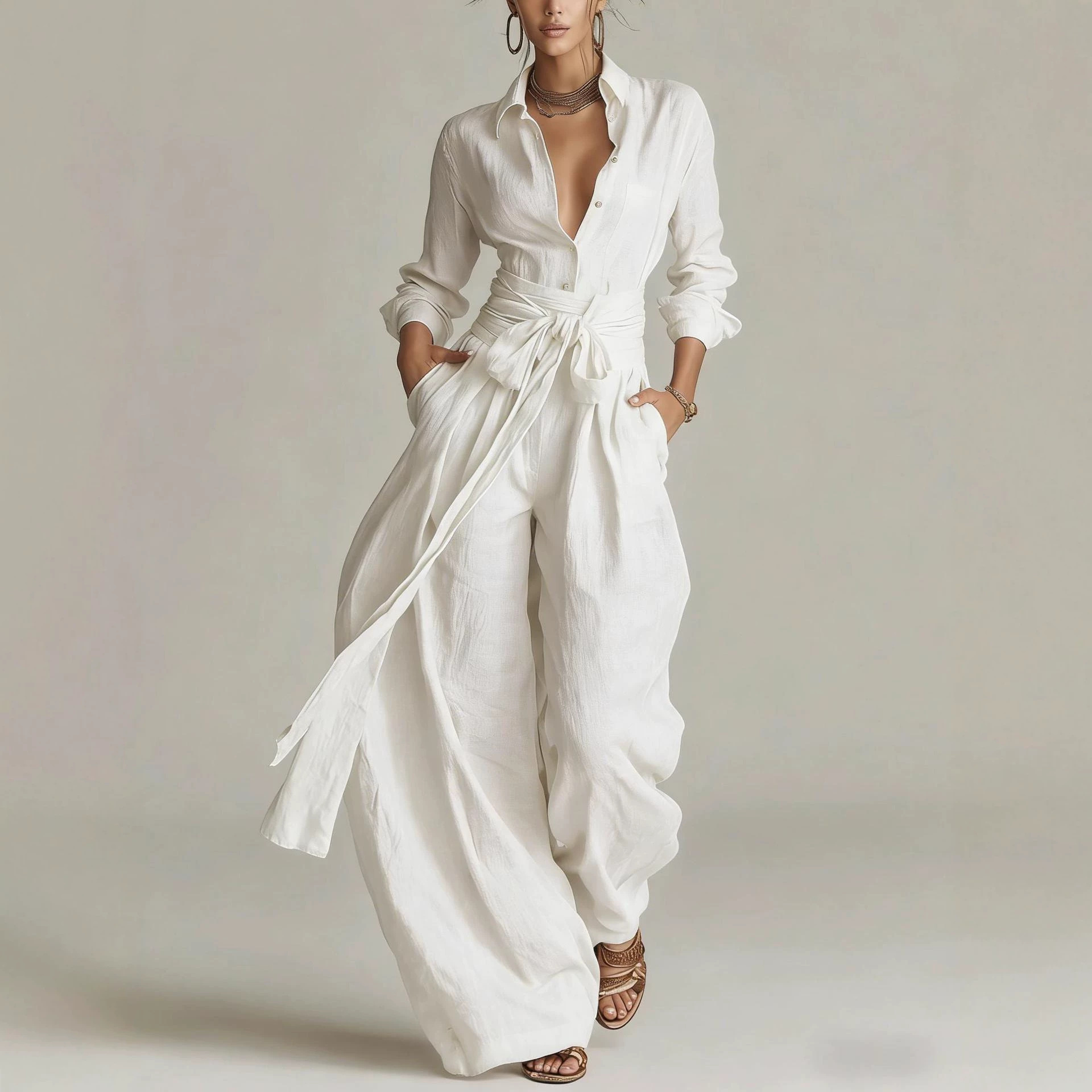 Solid Color Vintage High-Waist Tie-Waist Wide-Leg Jumpsuit