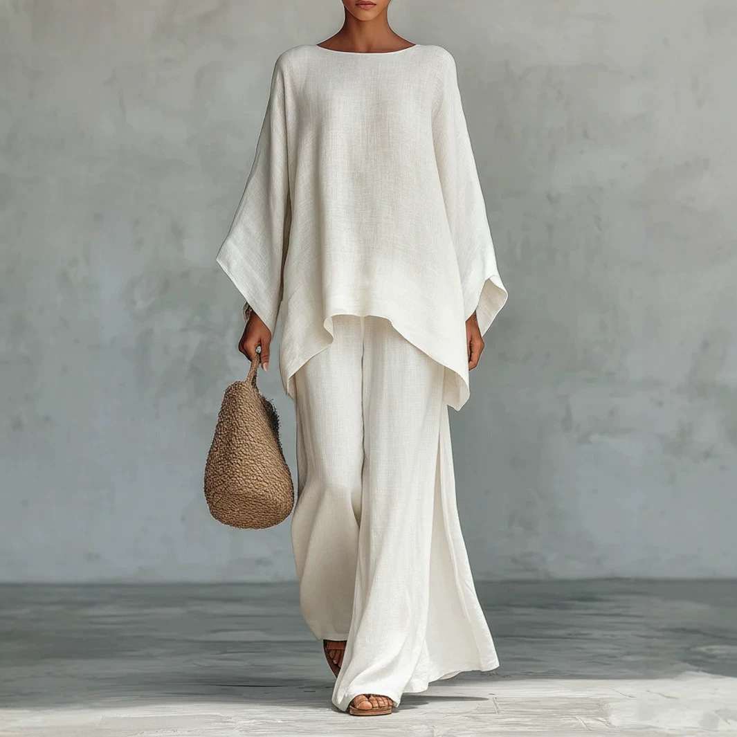 Women's Linen-Blend Shirt & Wide-Leg Pants Casual Set