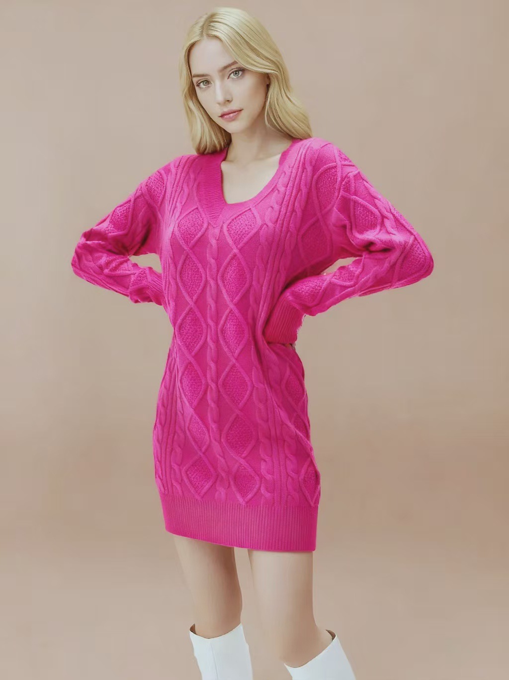 V-Neck Cable-Knit Midi Sweater Dress Solid Color