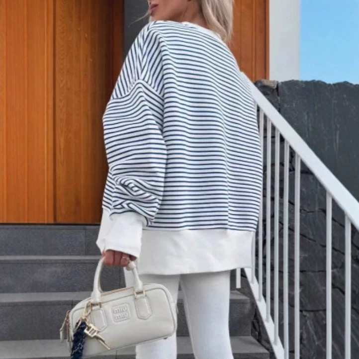 Nautical Striped Crewneck Pullover Sweatshirt for Women Relaxed Fit