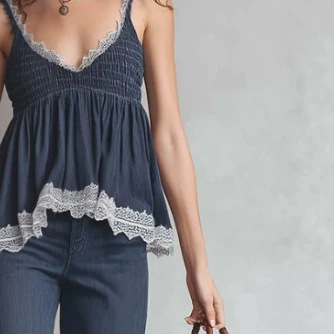 Retro Dark Blue Tencel Lace V-Neck Top and Pants Set