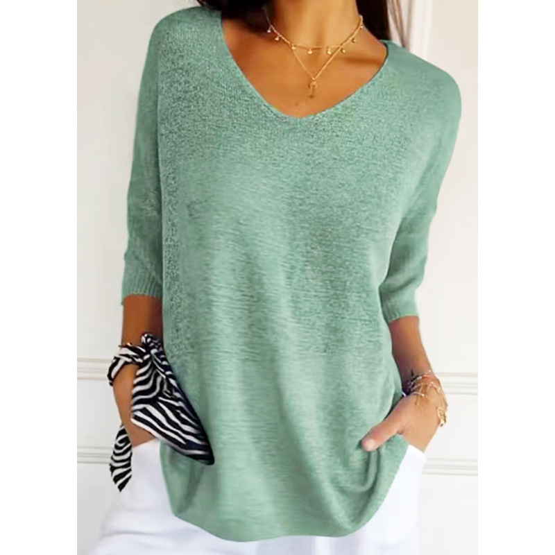 Women's V-Neck Solid Knit Top Slimming Casual Pullover